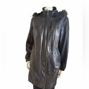 JLC Women's Black Leather Jacket with Fur Trim Detachable Hood Large